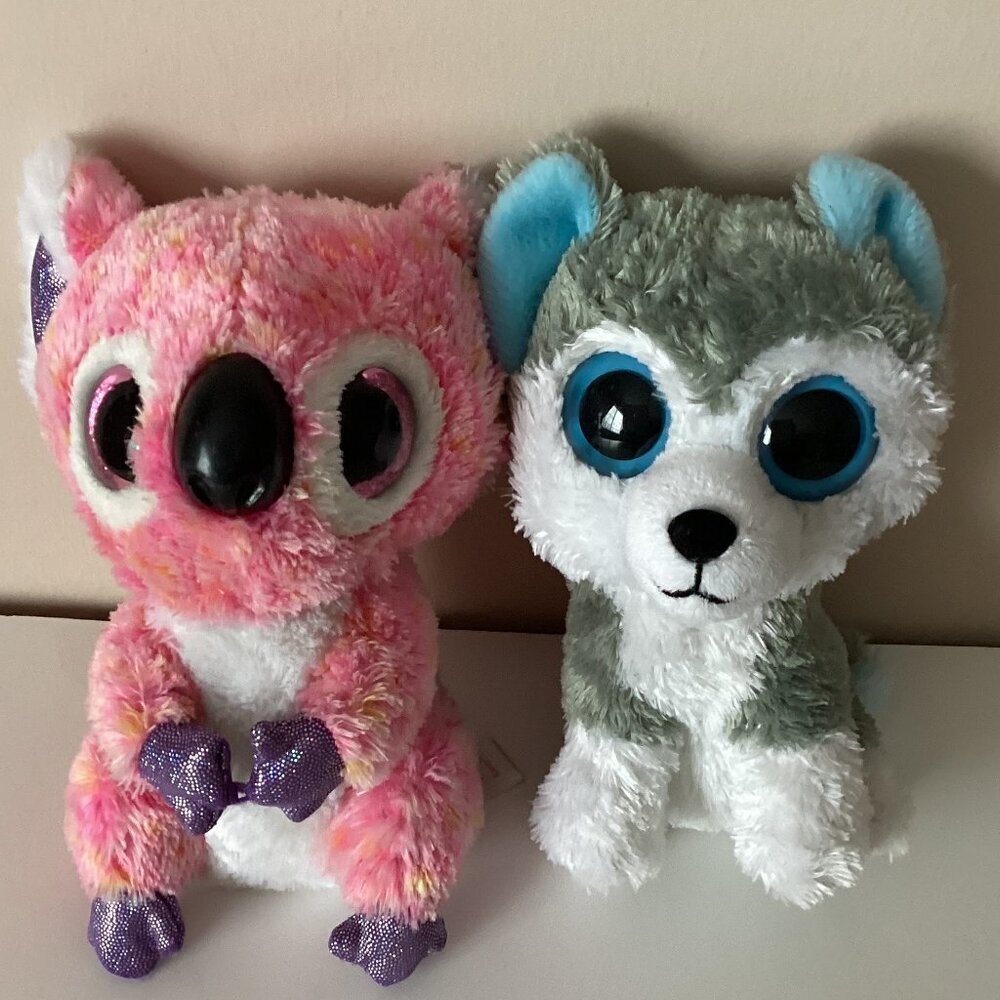 2 Ty Beanie Boos Collection Plush Toys Kacey Pink Koala Bear & Slush Husky Dog